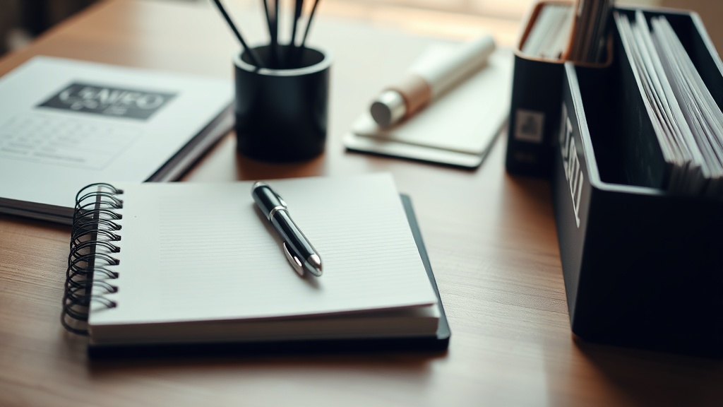 Notebook and folders arranged on a tidy desk