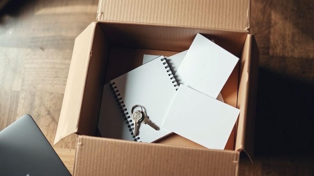 Moving box with product cards and blank envelopes