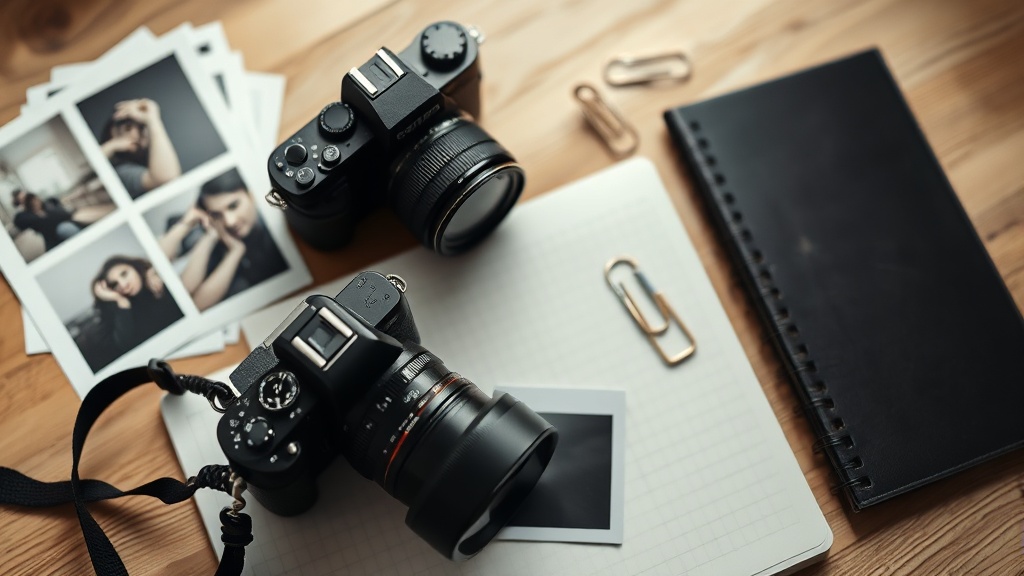 Camera beside prints, contact sheets and notebook