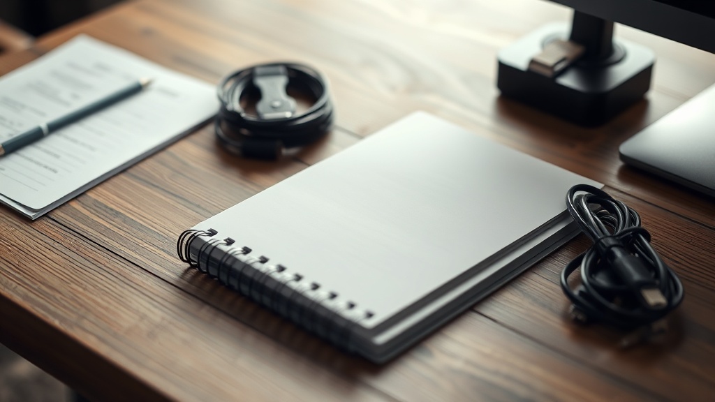 Notebook and product cards arranged on a wooden desk