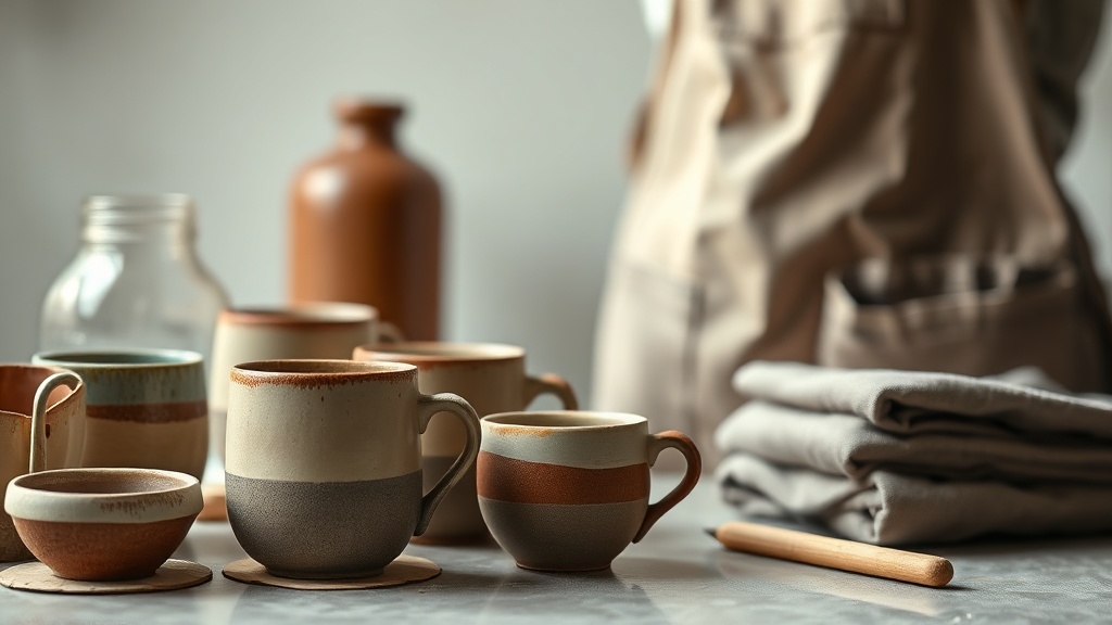 Ceramic mugs, clay tools and glaze jars
