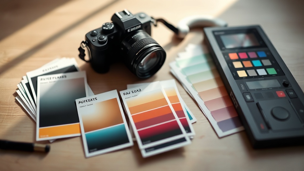 Preset cards beside a camera and colour swatches