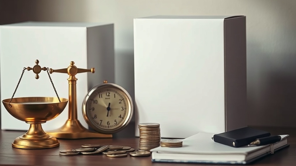 Brass scales, product boxes, coins and notebook
