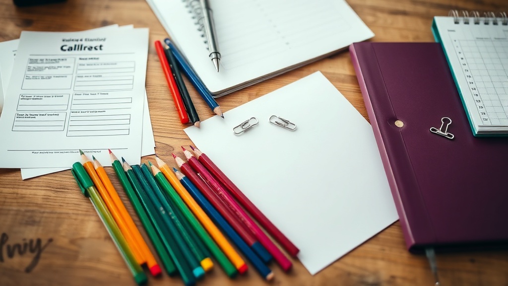 Printable worksheets and stationery arranged on a desk