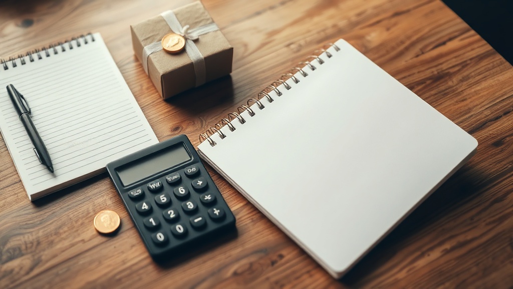 Calculator and coins beside a parcel on wooden desk