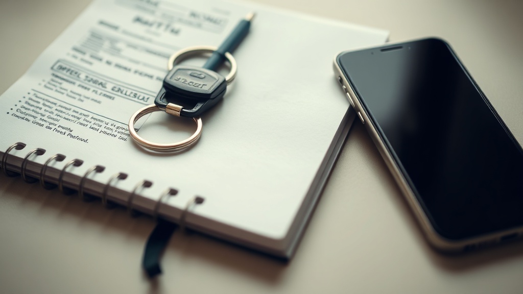 Receipt, notebook and phone arranged on a desk