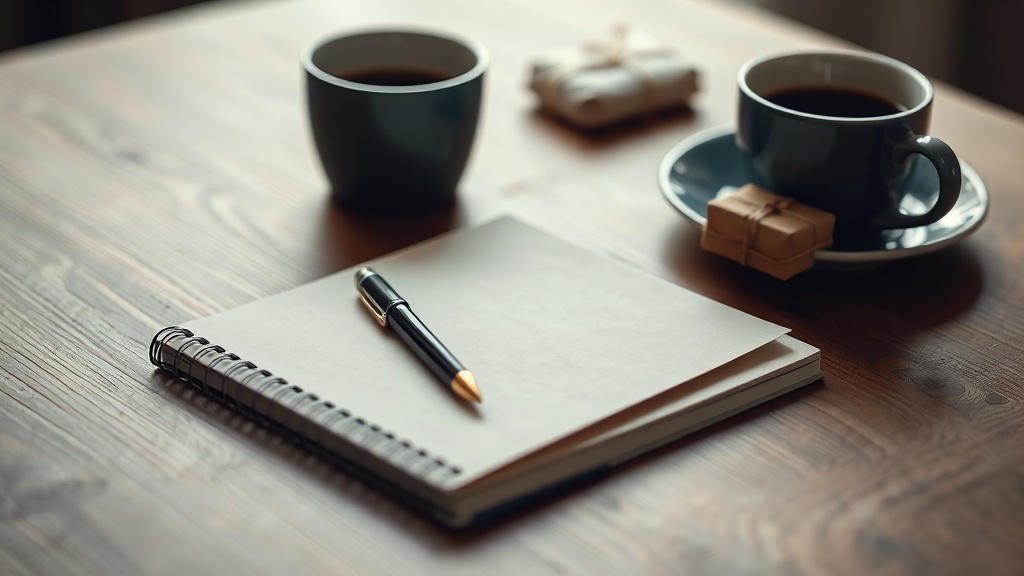Notebook, pen, envelope, coffee and parcel