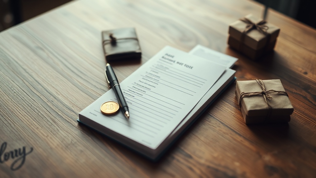 Notebook and parcel beside coins and receipt