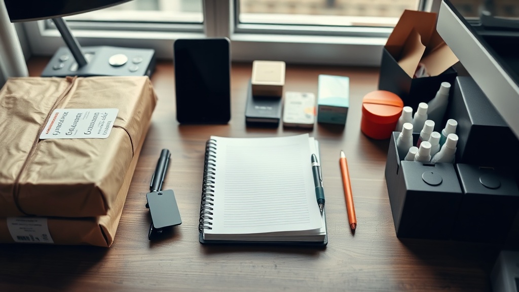 Desk with parcels, notebook and product containers