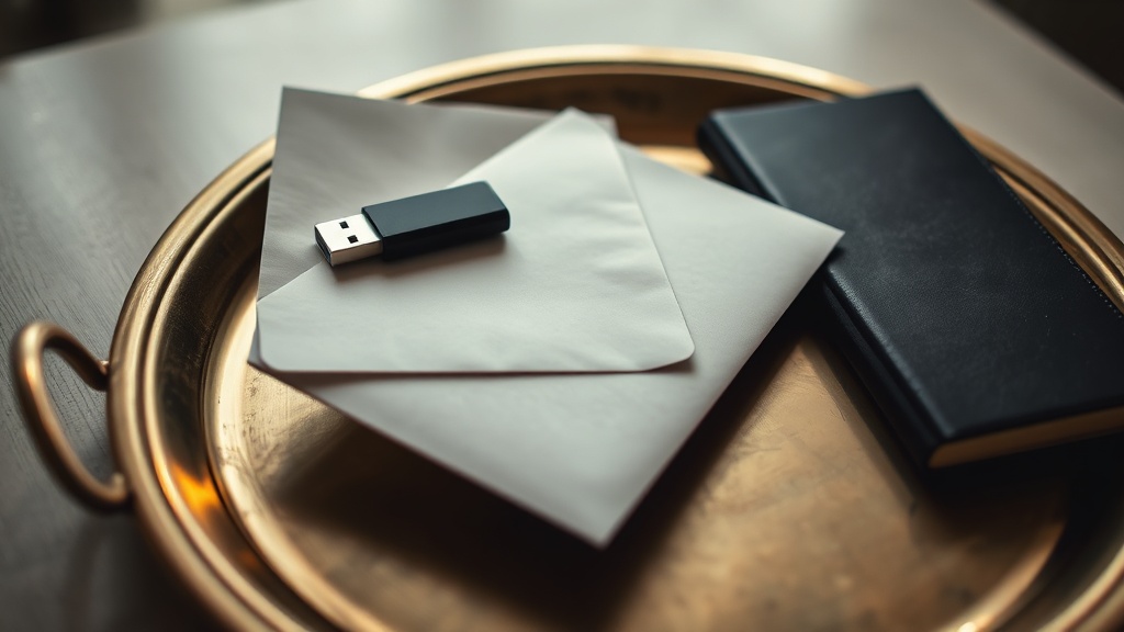 Sealed envelope beside key and USB drive