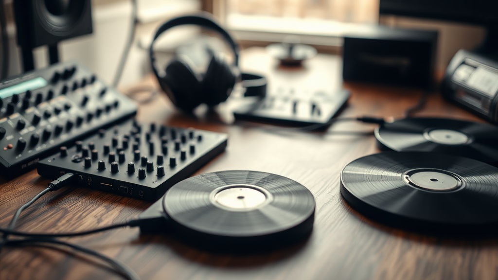 Studio gear and sample discs arranged on a desk