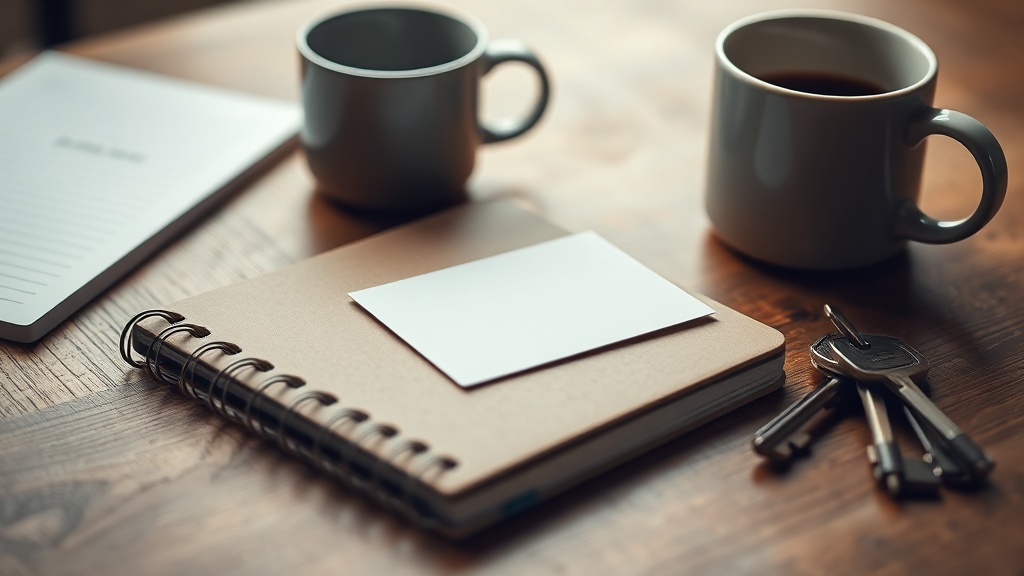 Notebook and product cards on a wooden desk