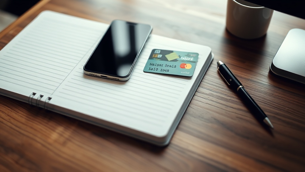 Phone, notebook, product cards and payment card