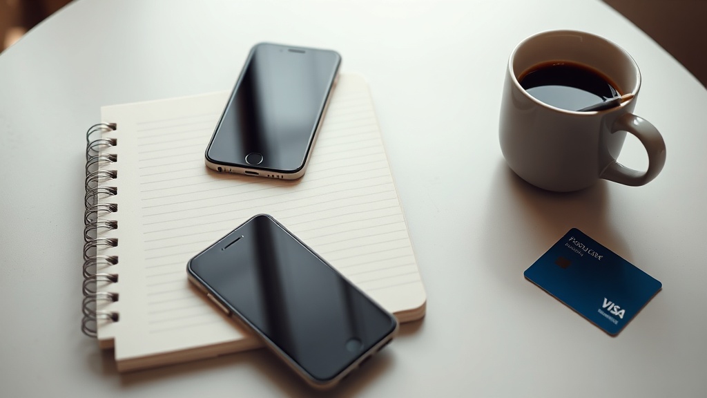Desk with notebook, product cards and phone