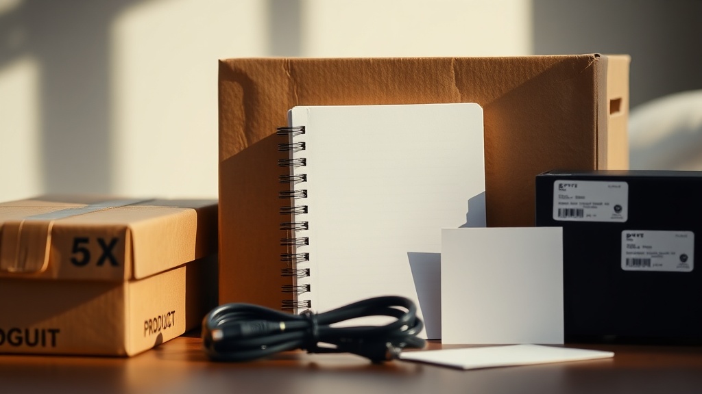 Product boxes and planning materials on a desk