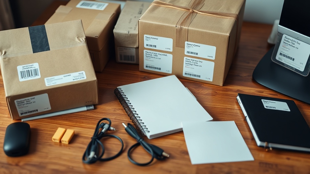 Packing materials and notebooks arranged on a desk