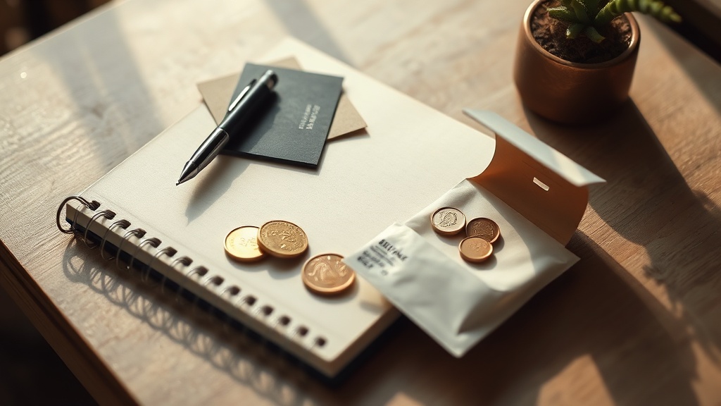 Notebook beside product cards and an open parcel
