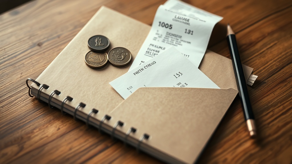 Notebook and packaged course materials beside coins