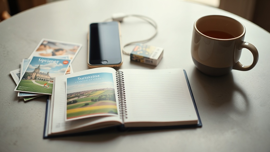 Summer desk with notebook, postcards and product boxes
