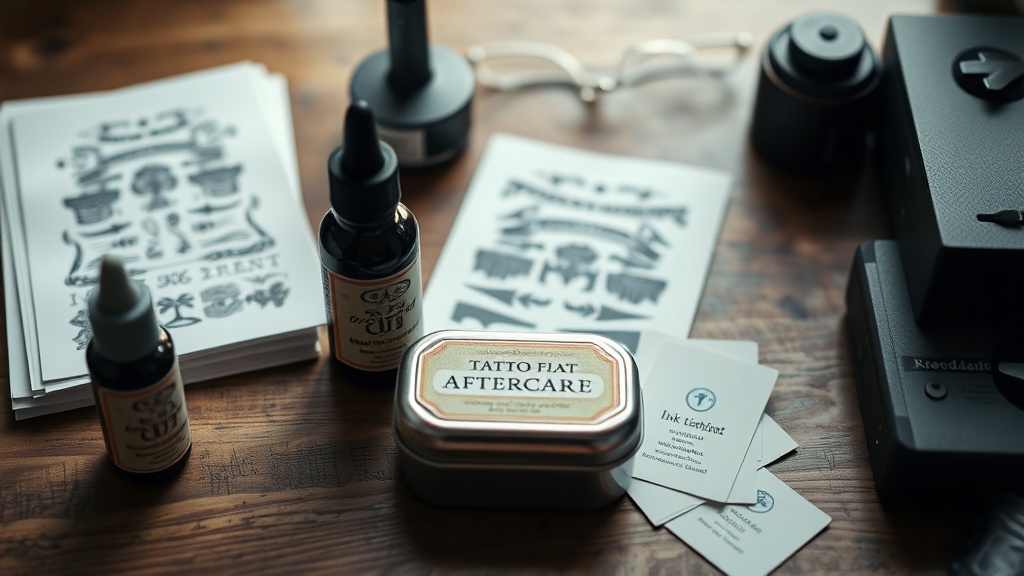 Tattoo flash sheets and aftercare products on desk