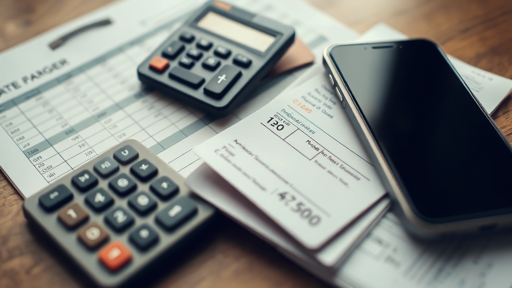 Ledger, calculator, card and receipt paper