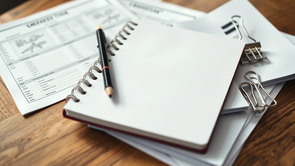 Printed worksheets beside notebook and stationery