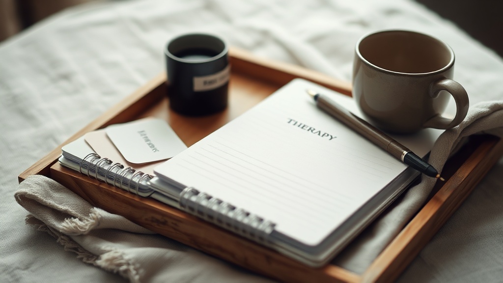 Therapy cards and notebook arranged on a table