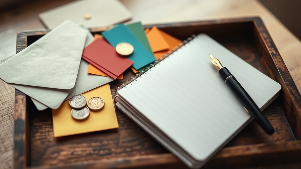 Coloured campaign cards beside envelopes and coins