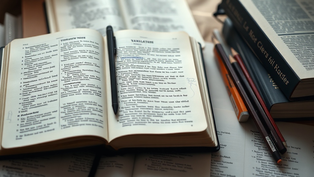 Dictionary, marked-up pages and language reference books