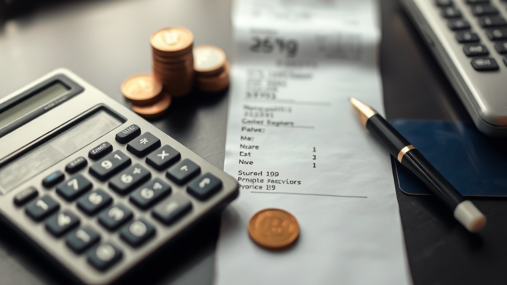 Calculator, coins, receipt, payment card, and pen