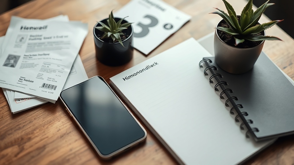Phone, notebook, packaging, receipts and plant
