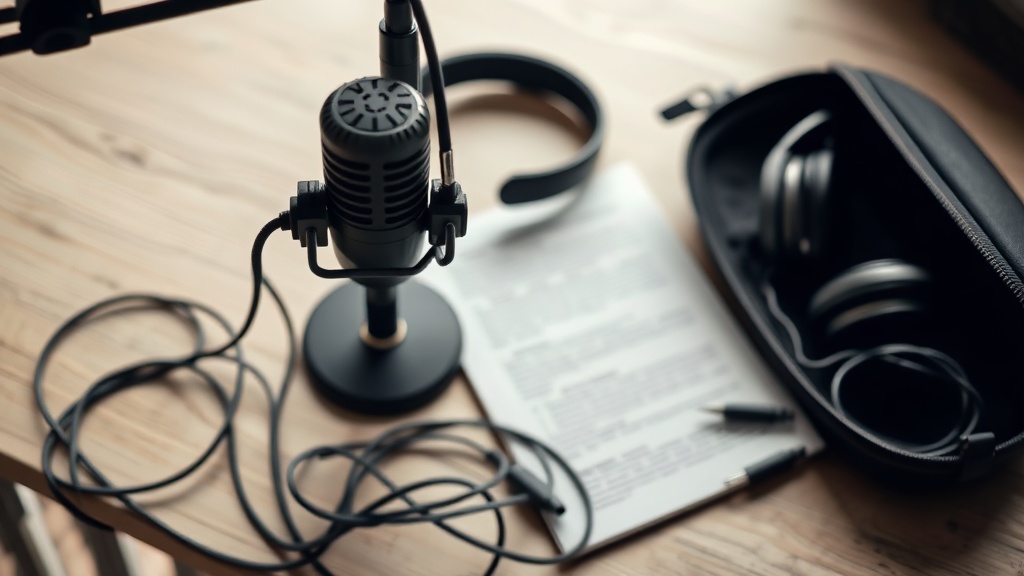 Studio microphone beside script pages and headphones