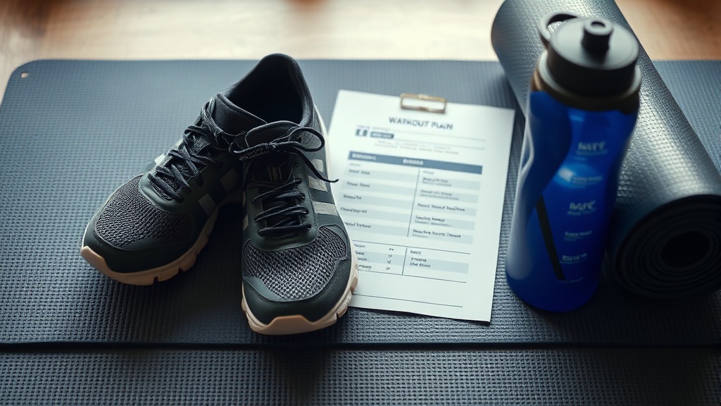 Exercise mat, shoes, bottle and workout plan