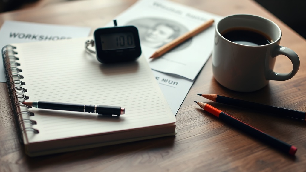 Workshop notebook, timer and handouts on desk