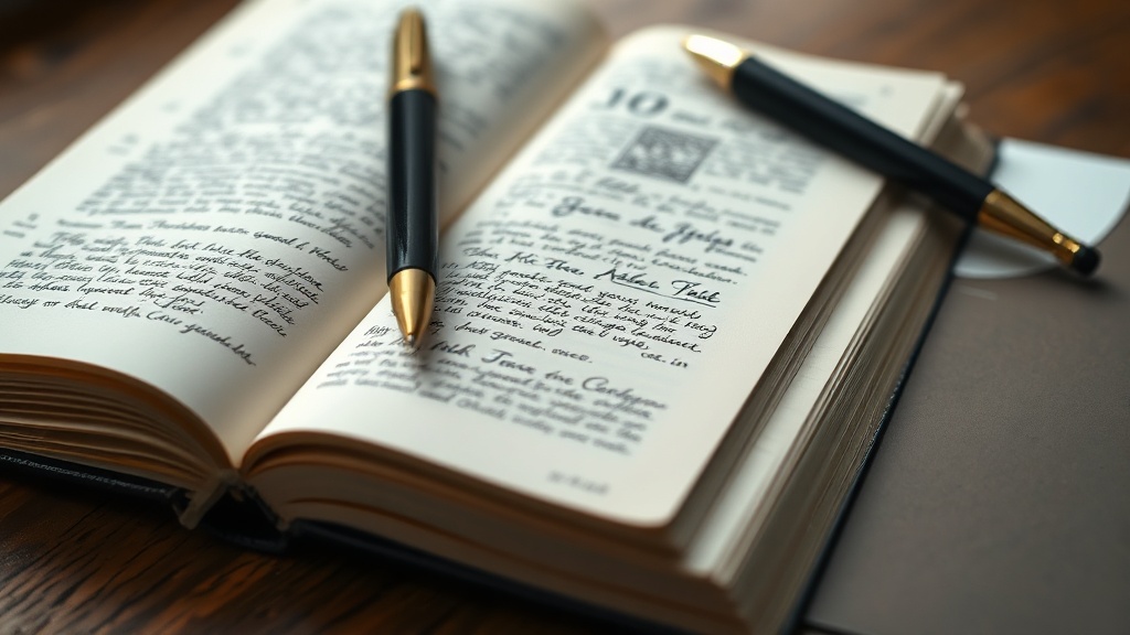 Writing materials arranged beside a paperback book