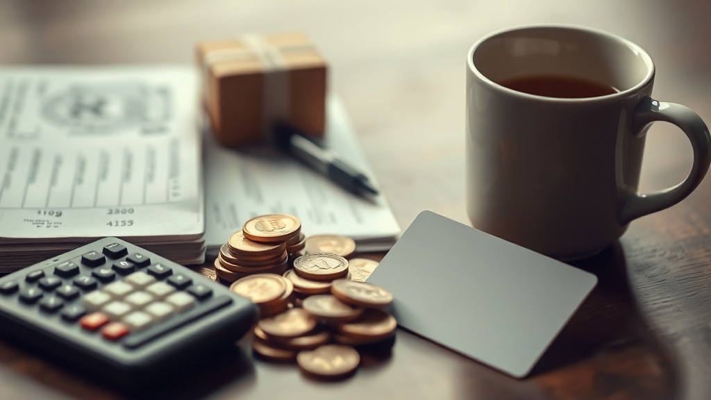 Ledger, coins, calculator, parcel, cup, payment card