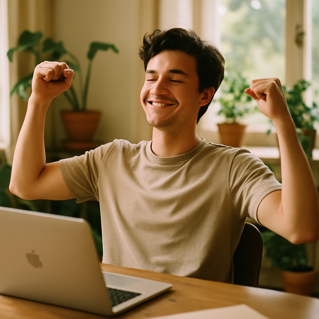 A creator celebrating at his desk