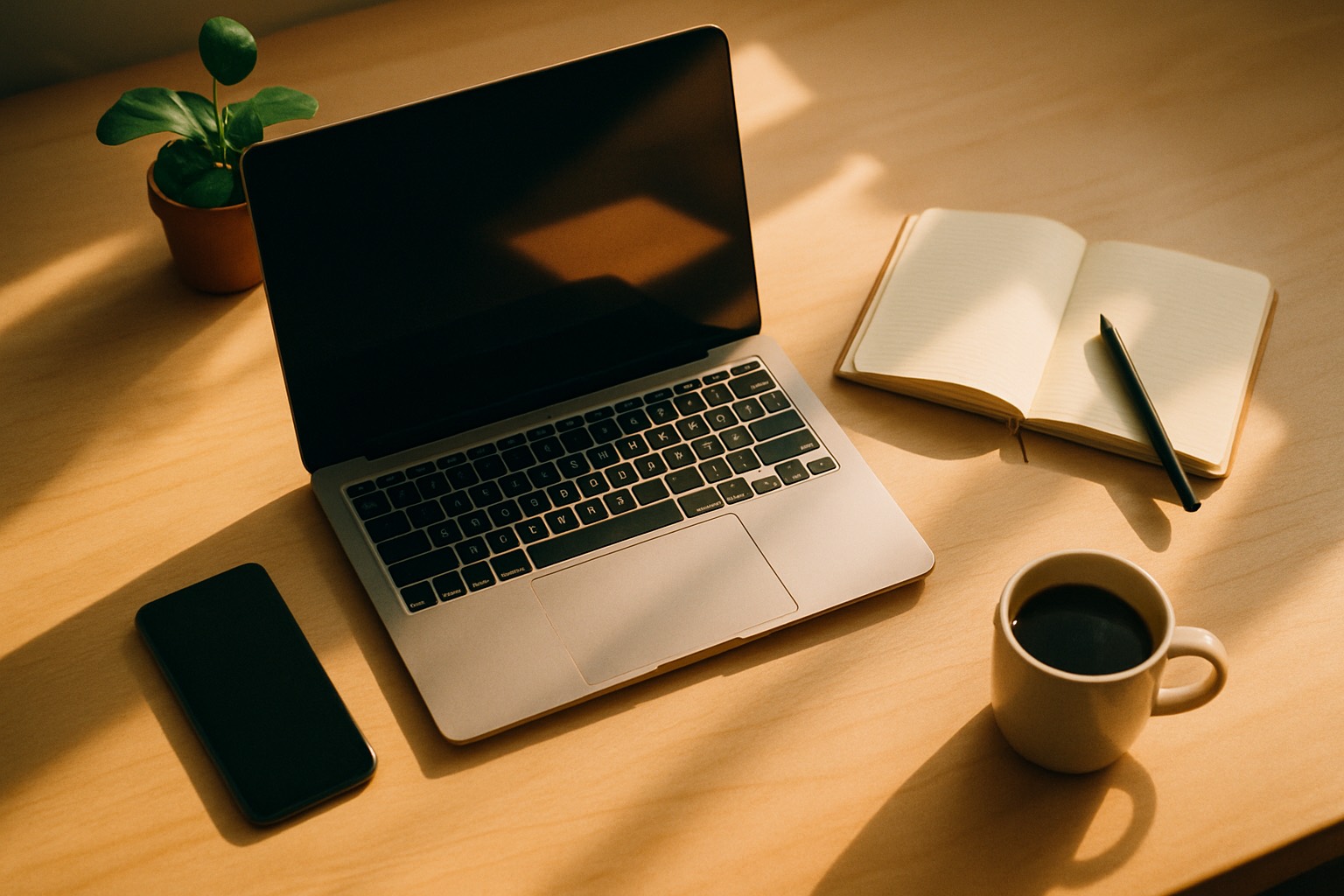 A creator desk with a laptop and phone in warm daylight