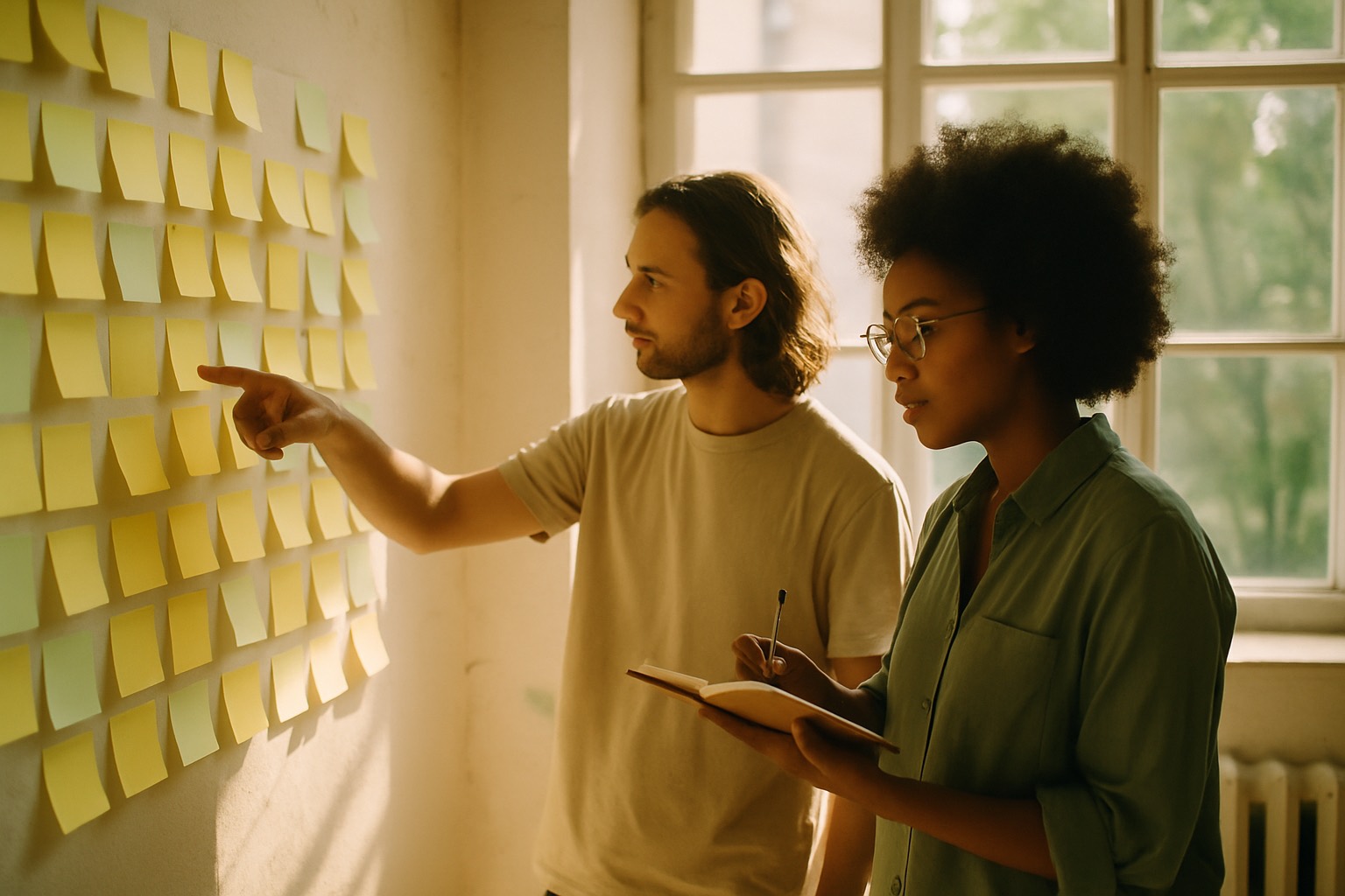 Two creators planning a launch at a wall of sticky notes