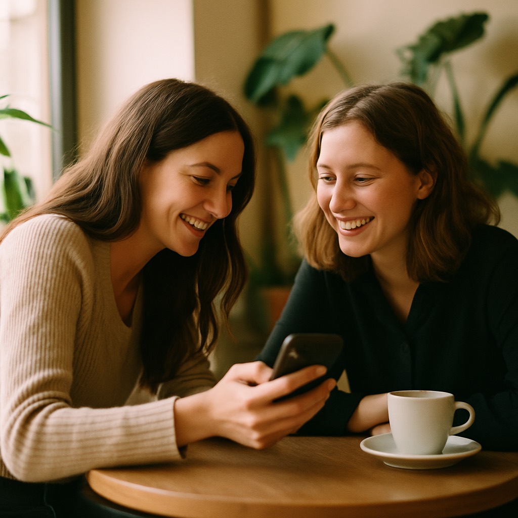 A creator showing her phone to a friend across a table