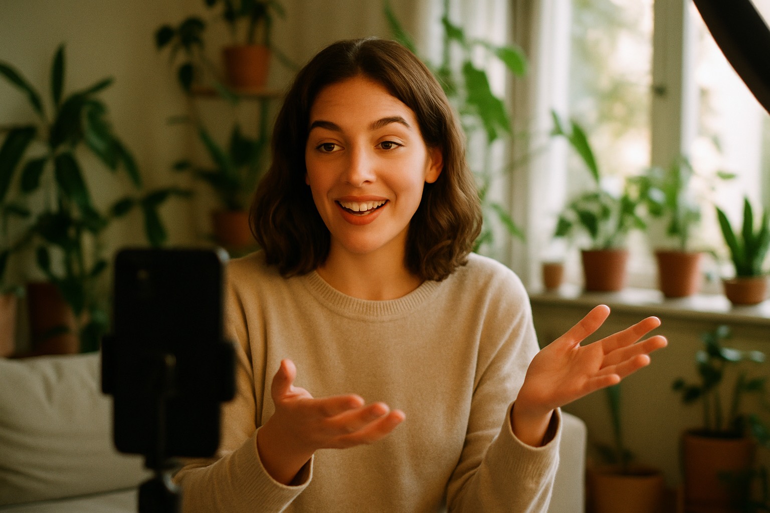 A creator recording a video recommending a product she loves