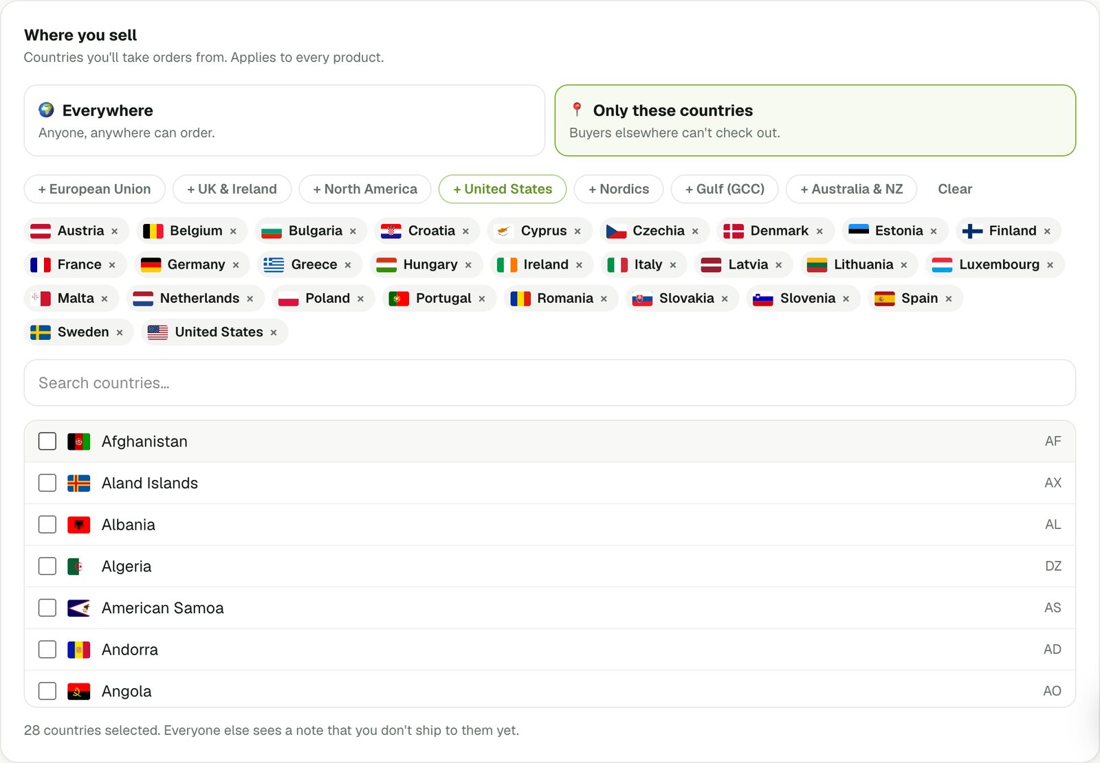 The Where you sell setting in Store.Fan, showing the European Union and United States selected as the countries that can order
