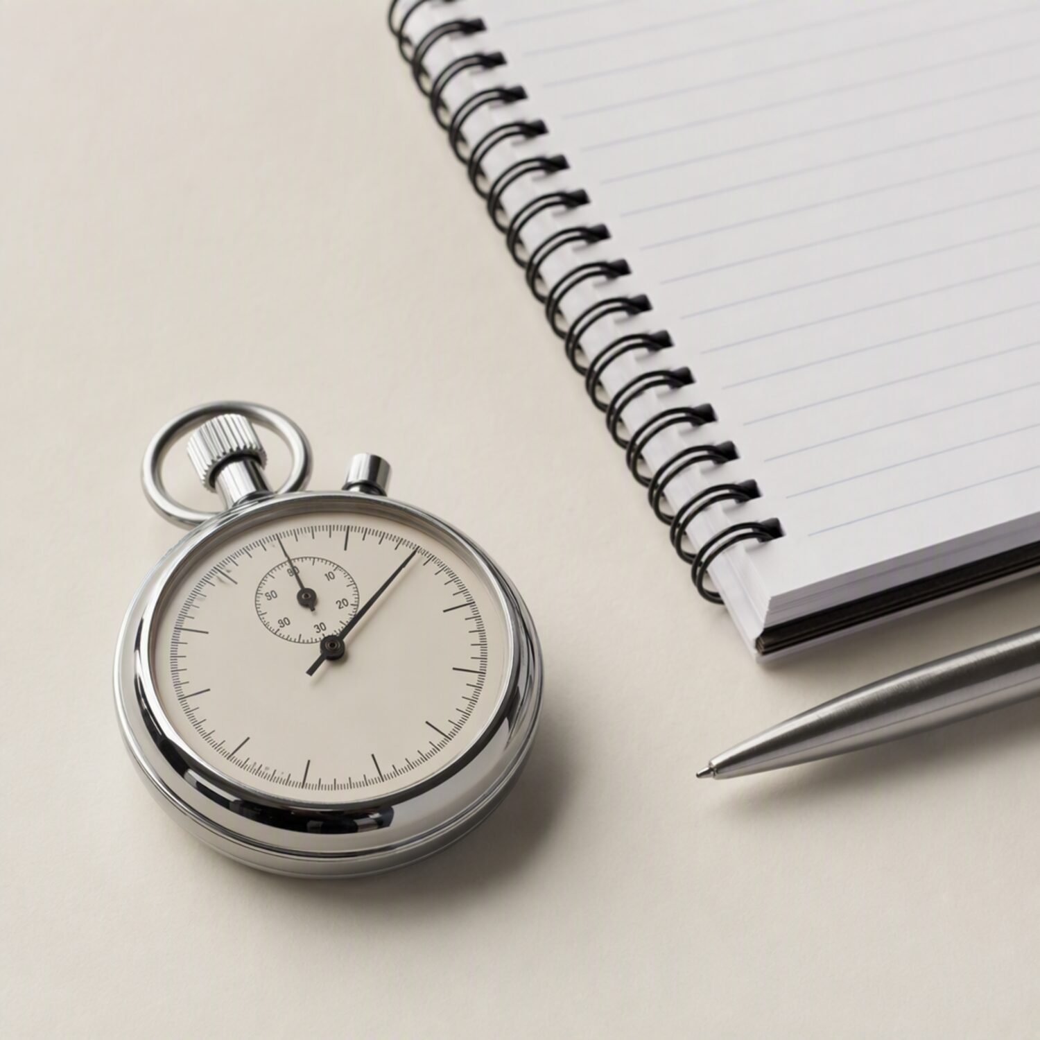 A stopwatch beside a notepad