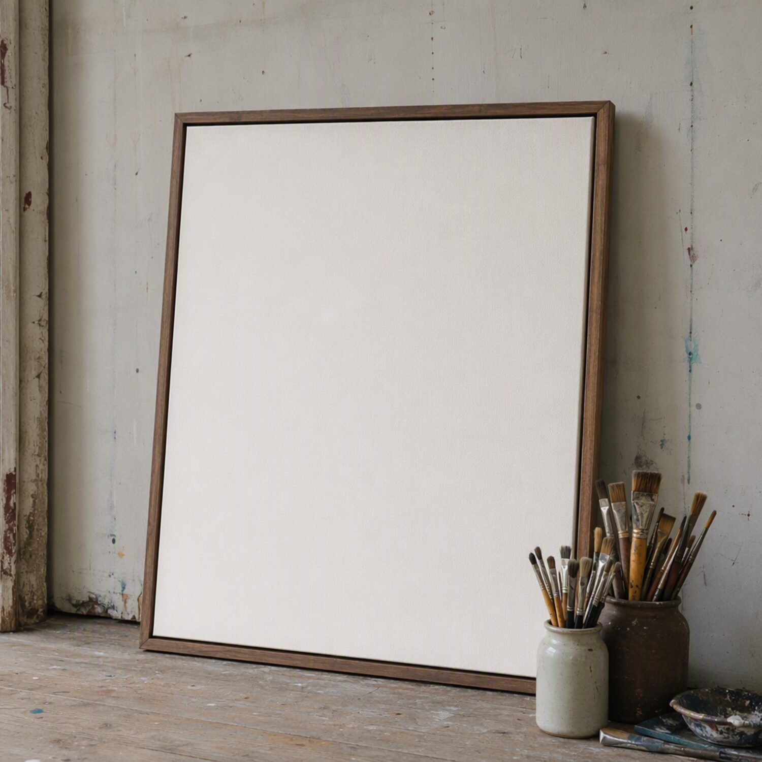A blank framed canvas beside brush jars