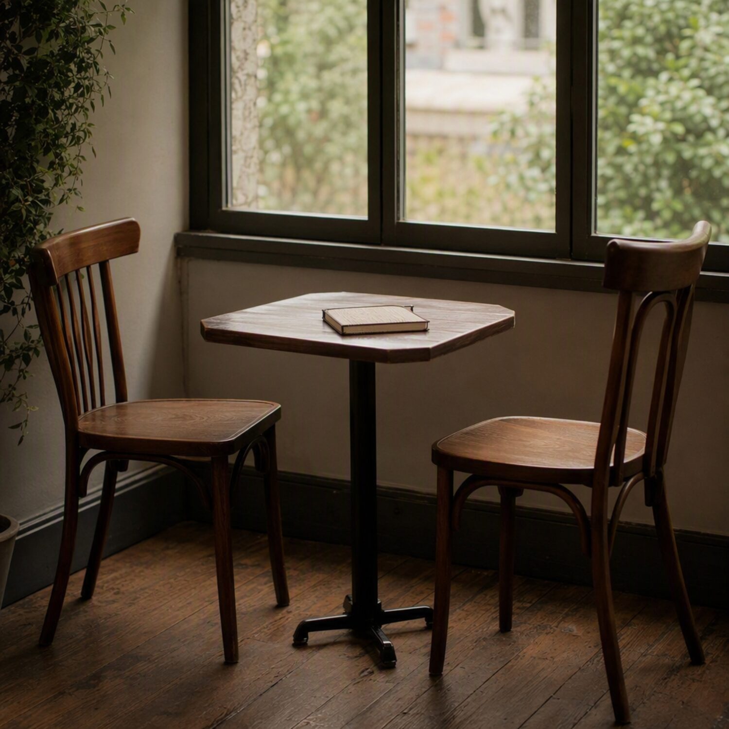 Two chairs and a notebook by a window