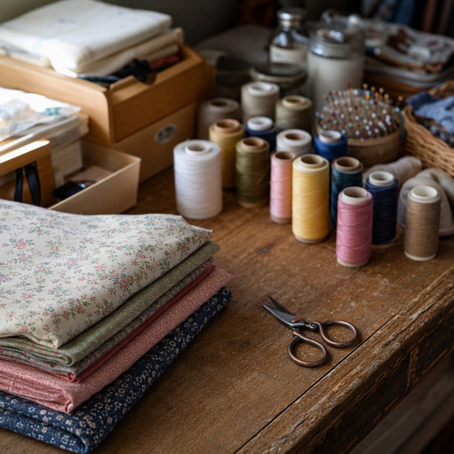 Fabric, thread and scissors on a workbench