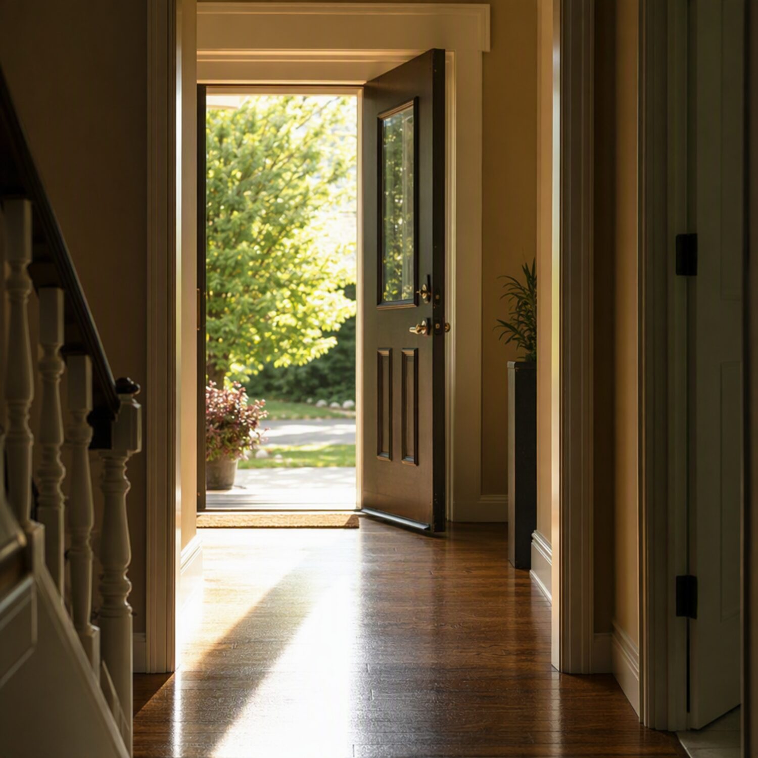 An open front door with morning light