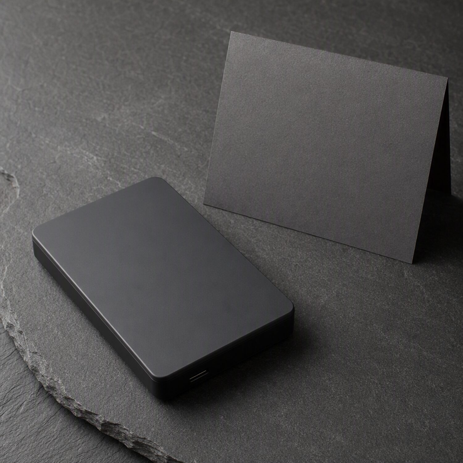 An external drive and card on slate
