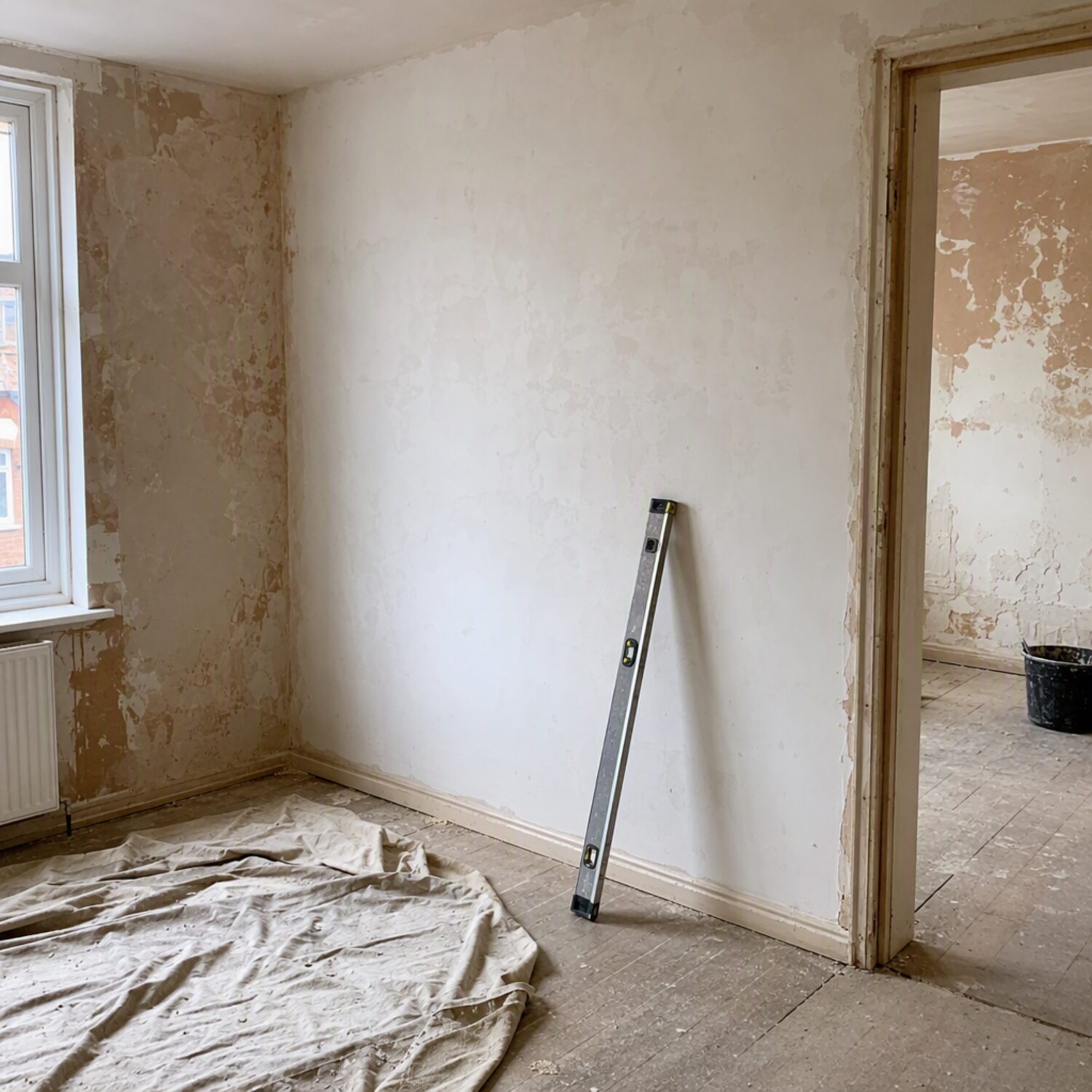 A half-renovated room with a spirit level