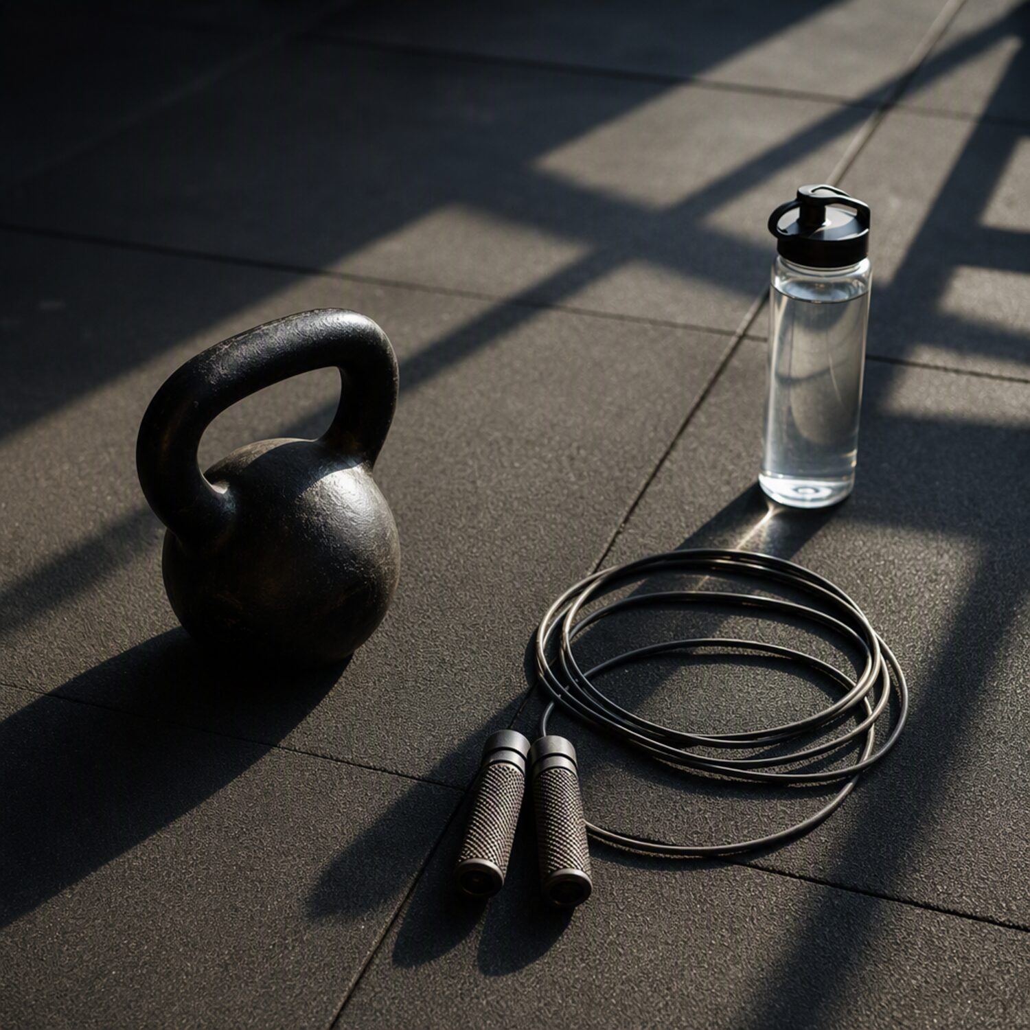 A kettlebell and jump rope on a gym floor